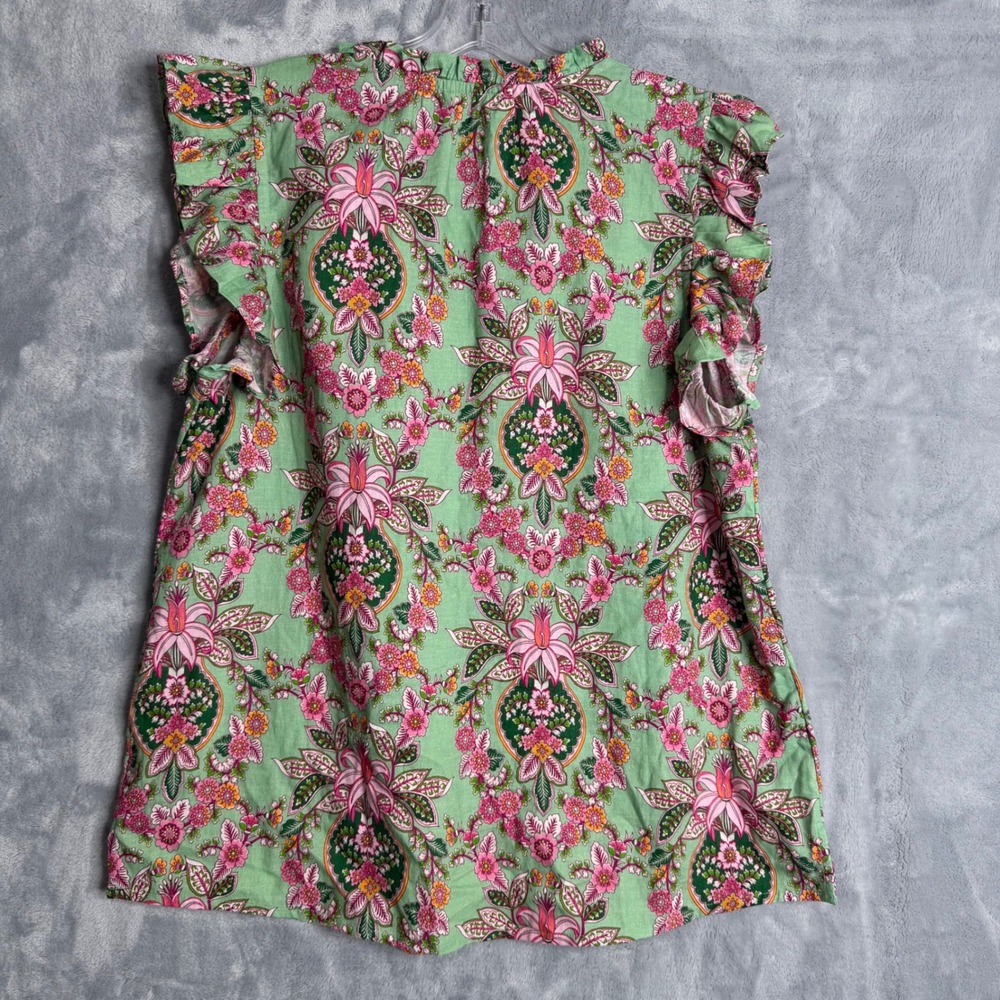 Soft Surroundings Paige Linen Blend Top Womens M Green Floral Ruffle Boho Beach - Picture 2 of 7